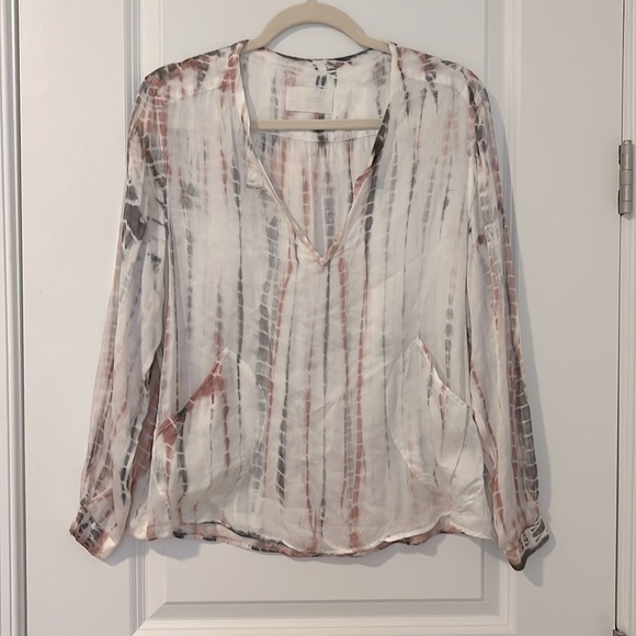 Zadig & Voltaire Satin Long Sleeve Tunic Blouse Top Size Medium White Pink Gray - Picture 1 of 10